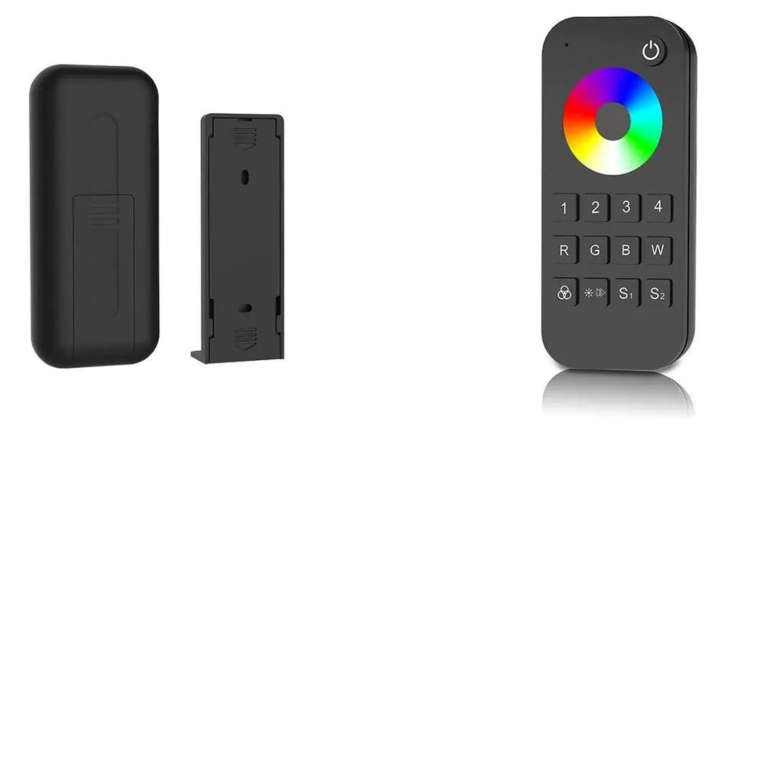 LED strip controller system with two black receiver units and colorful wireless remote featuring RGB color wheel and control 