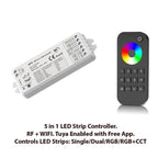 White WiFi LED controller with technical specifications and black remote with color wheel, isolated on white background.
