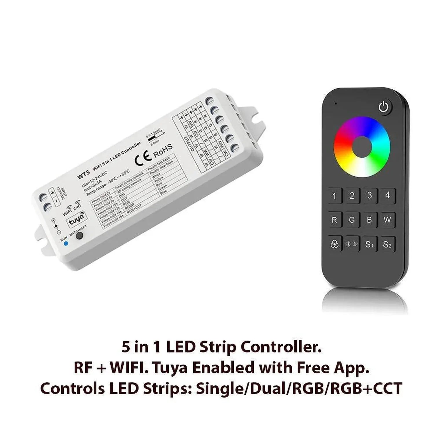 White WiFi LED controller with technical specifications and black remote with color wheel, isolated on white background.