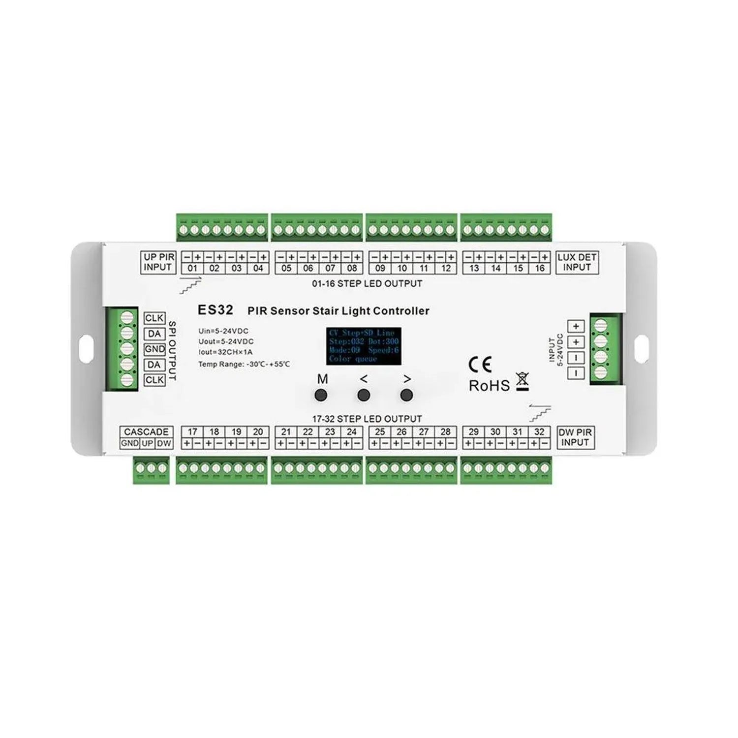 ES32 PIR Sensor Stair Light Controller with 32 LED output channels, terminal blocks, and control buttons on white background.