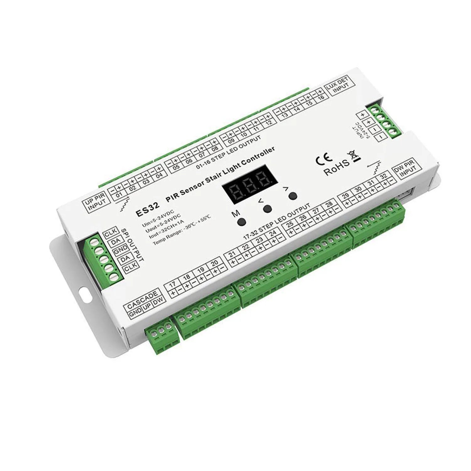 ES32 PIR sensor staircase light controller with green terminal blocks, digital display, and control buttons mounted at an ang