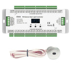 ES32 PIR Sensor Stair Light Controller with 32-step LED output and separate circular motion sensor with attached cable.
