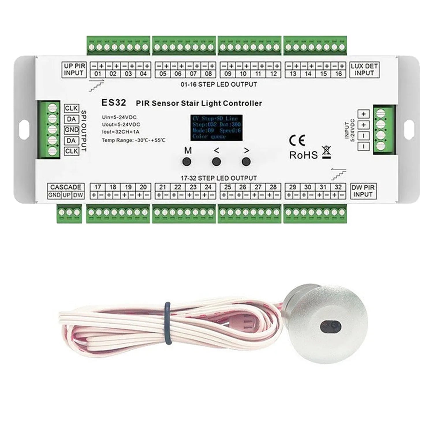 ES32 PIR Sensor Stair Light Controller with 32-step LED output and separate circular motion sensor with attached cable.