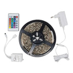 RGB LED strip light kit with remote control, power adapter, wireless controller, and connecting cables displayed on white bac