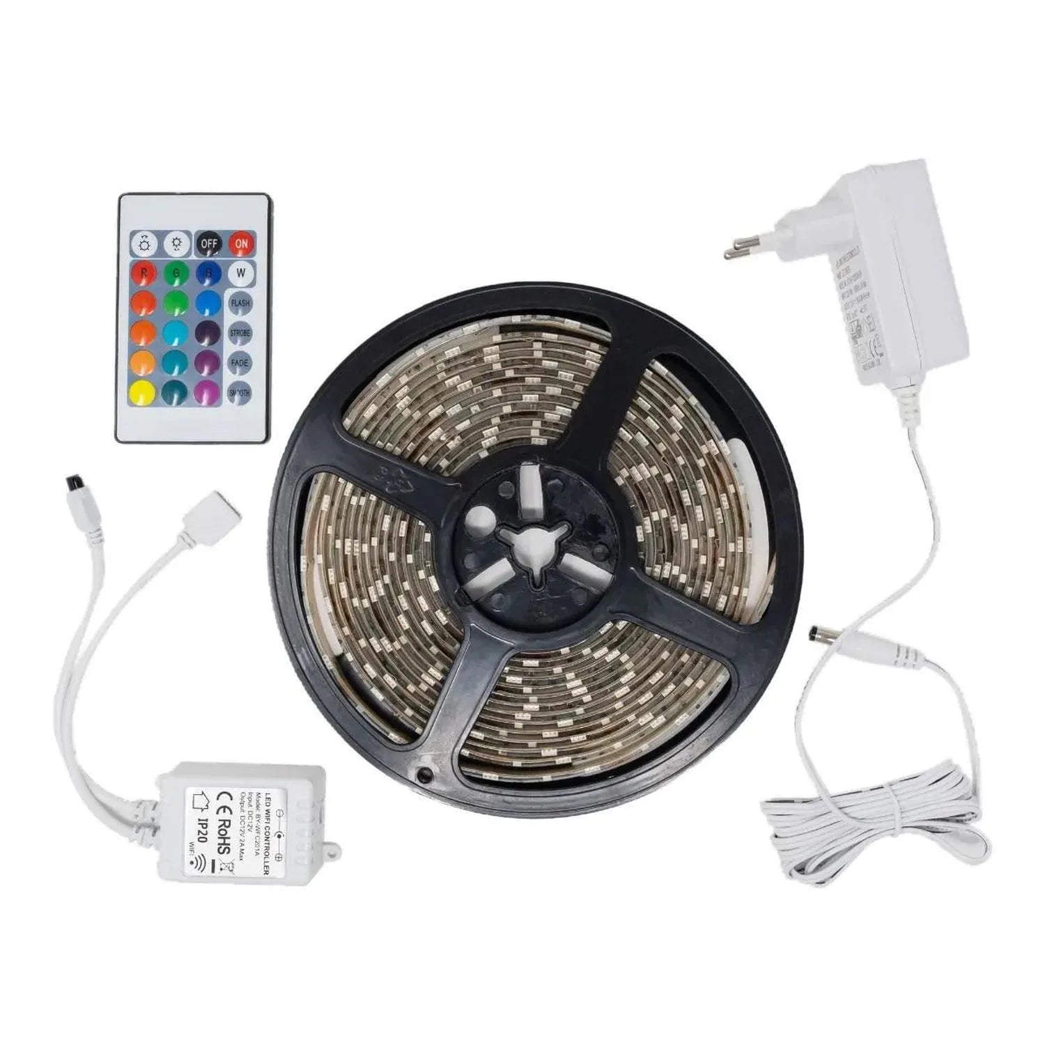 RGB LED strip light kit with remote control, power adapter, wireless controller, and connecting cables displayed on white bac