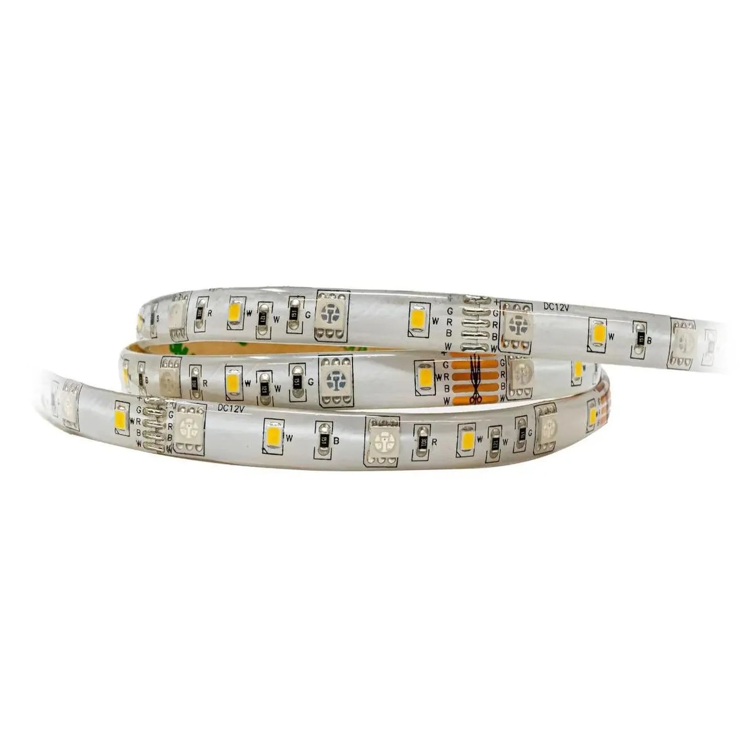 Coiled RGB and white LED strip light with yellow LEDs visible, control connectors, and DC12V label on flexible white backing.