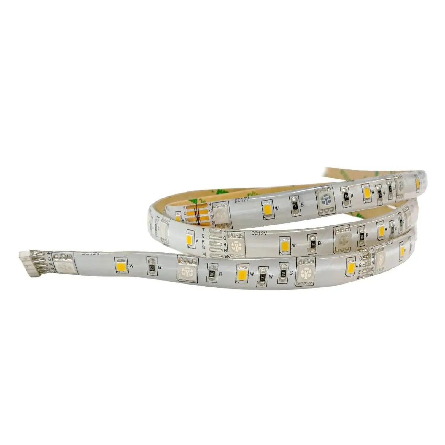 Coiled flexible LED strip light with white PCB, yellow and white LEDs, and connector terminals visible against white backgrou