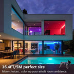 Modern smart home with colorful RGB LED strip lighting installed around windows and interior spaces, showing purple, red, and
