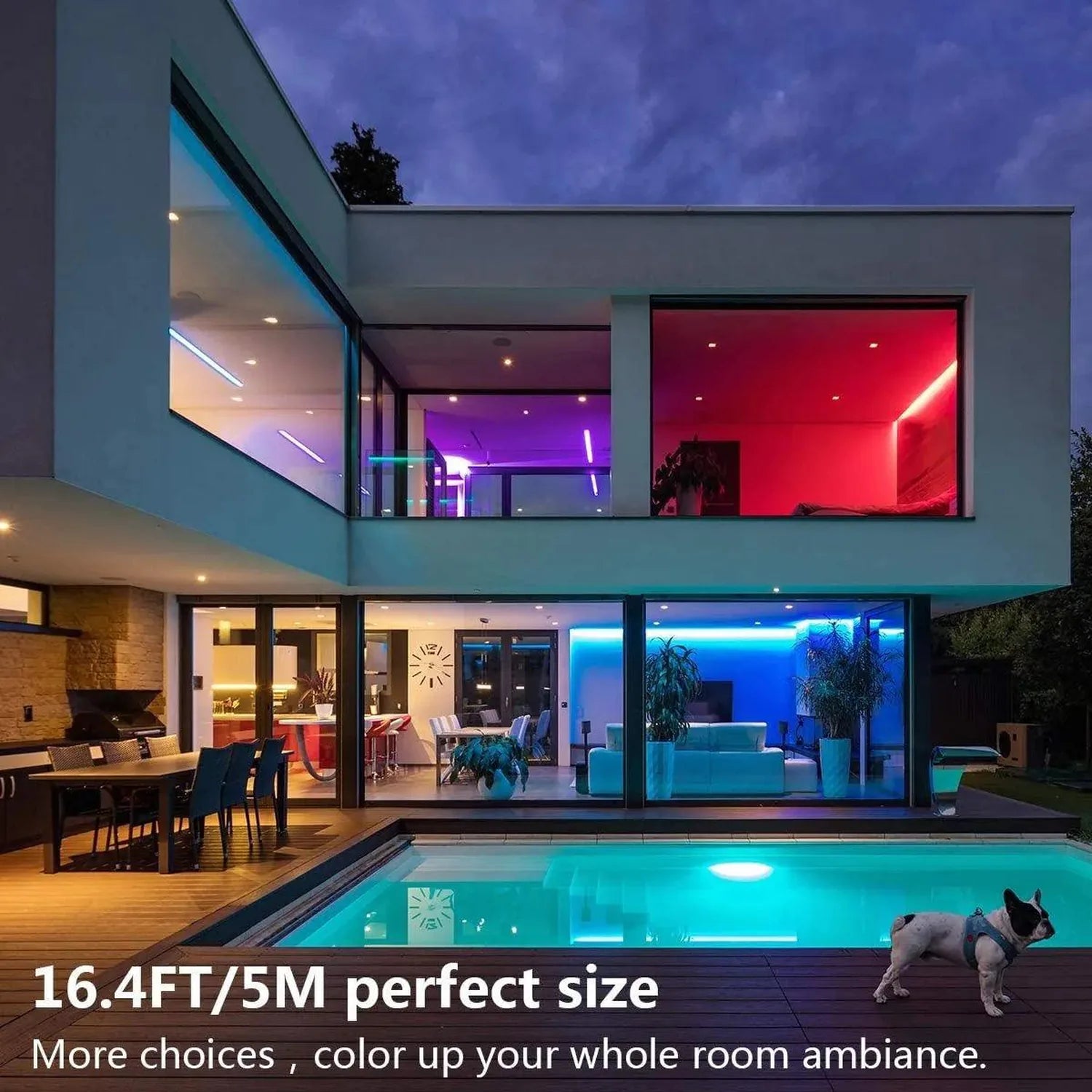 Modern smart home with colorful RGB LED strip lighting installed around windows and interior spaces, showing purple, red, and