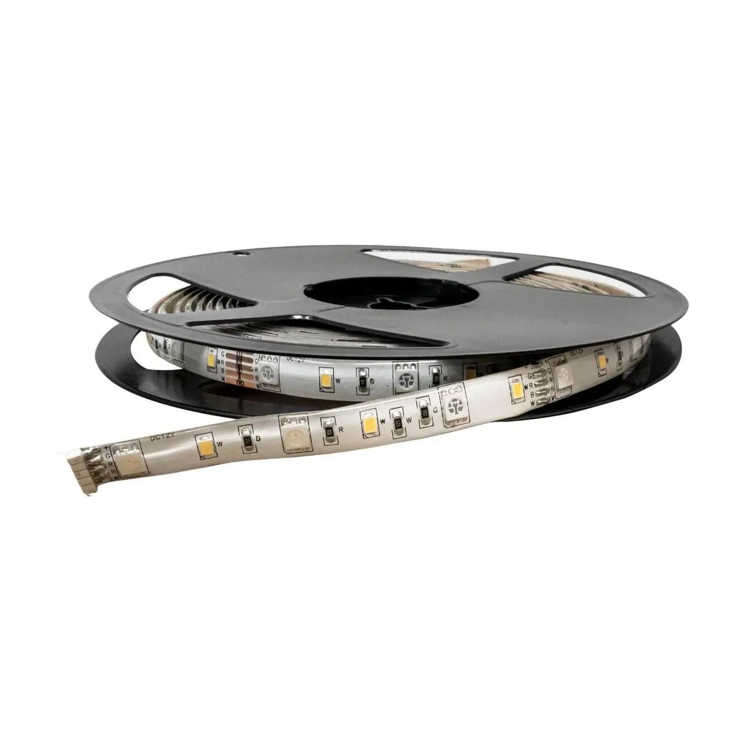 Coiled flexible LED strip light with small square LED modules and control connectors visible on white backing tape, mounted o