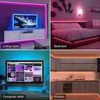Four room installations showing RGB+White LED strip lights in living room, bedroom, computer desk, and kitchen applications w