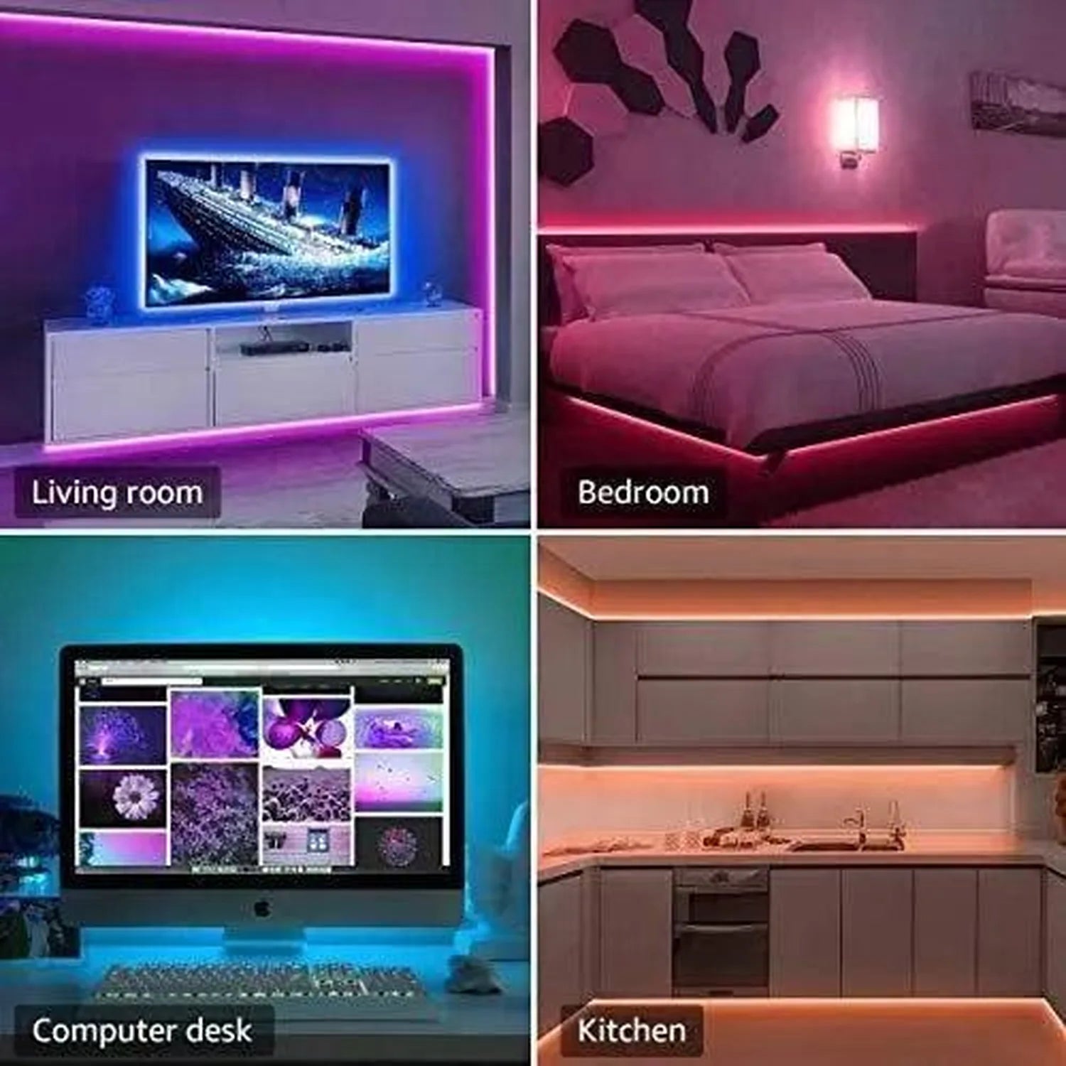 Four room installations showing RGB+White LED strip lights in living room, bedroom, computer desk, and kitchen applications w