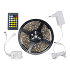 Smart WiFi LED strip light kit with remote controller, power adapter, and wireless receiver module displayed flat lay.