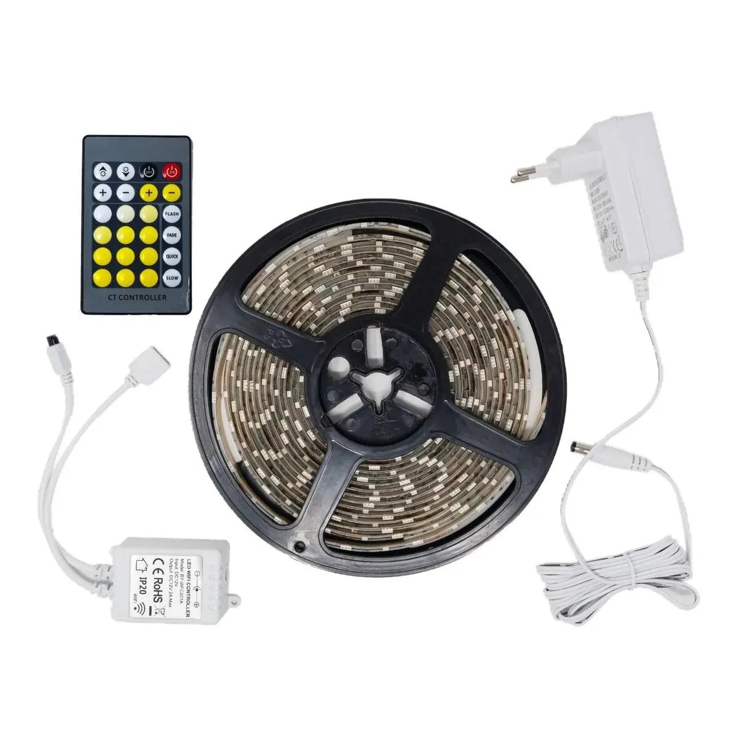 Smart WiFi LED strip light kit with remote controller, power adapter, and wireless receiver module displayed flat lay.
