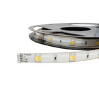 Two coiled LED light strips with yellow LED modules on white backing, showing +12VDC, CW, and WW connection labels on the low