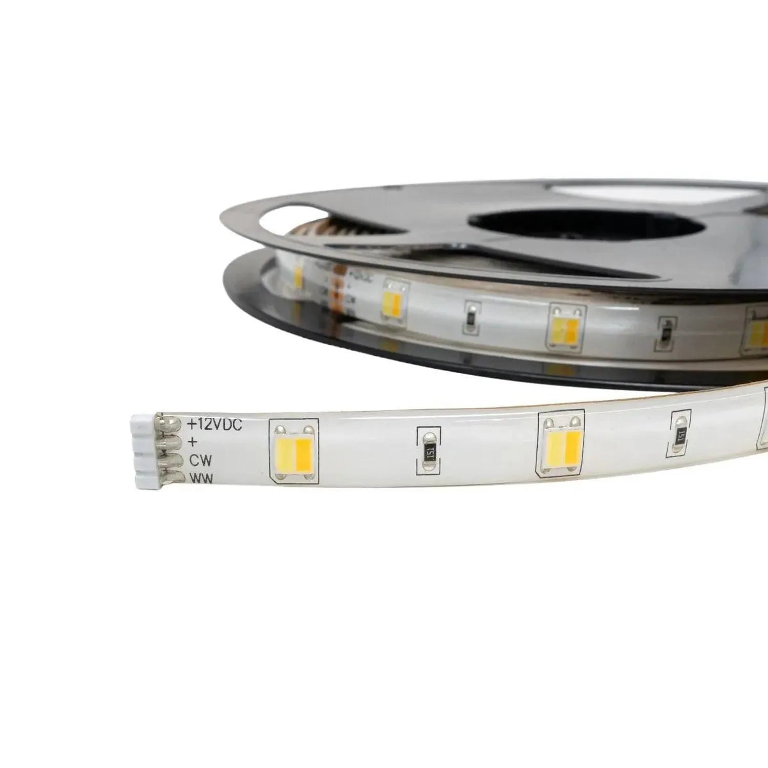 Two coiled LED light strips with yellow LED modules on white backing, showing +12VDC, CW, and WW connection labels on the low