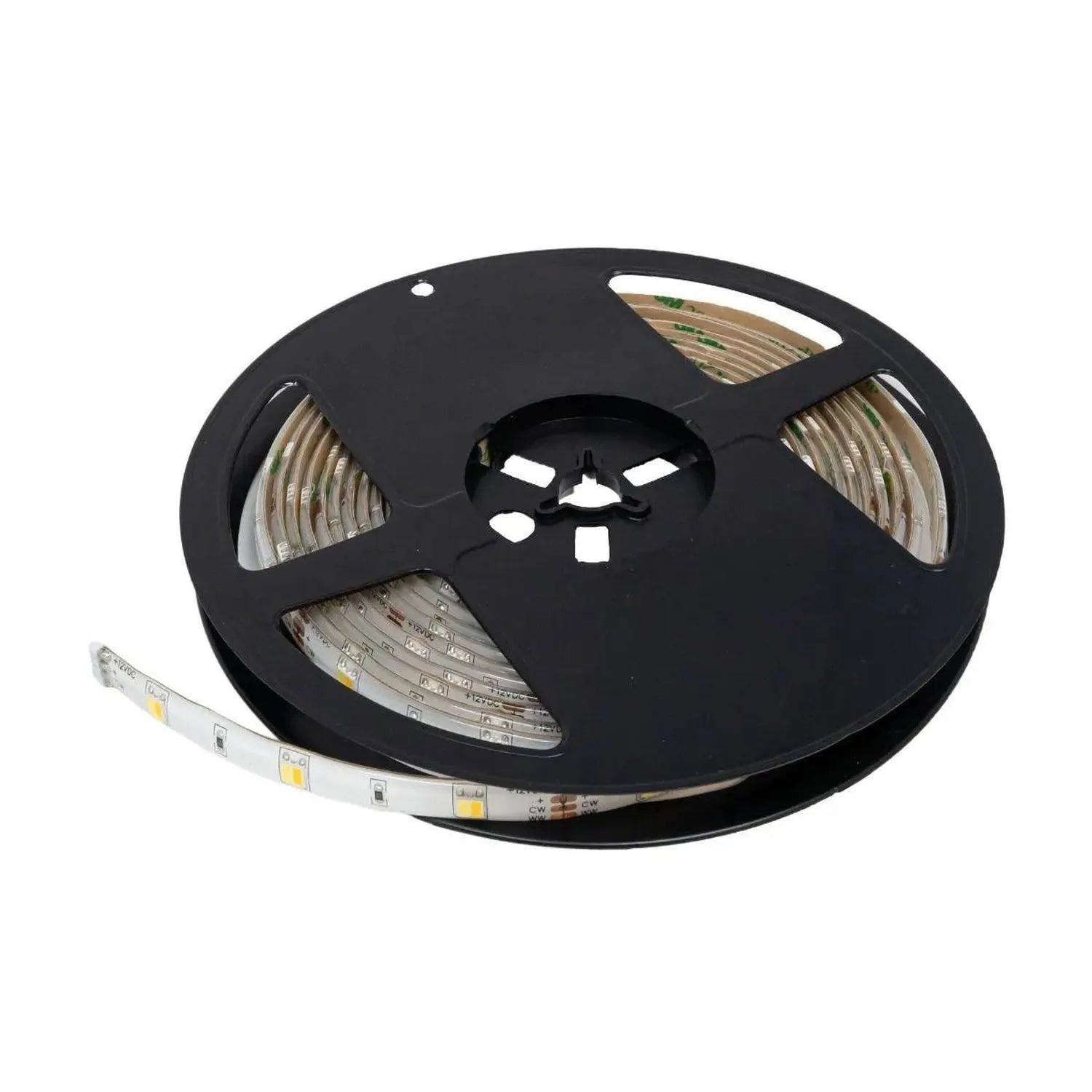 Coiled LED strip light with black reel, white connectors, and exposed SMD LEDs on white background.