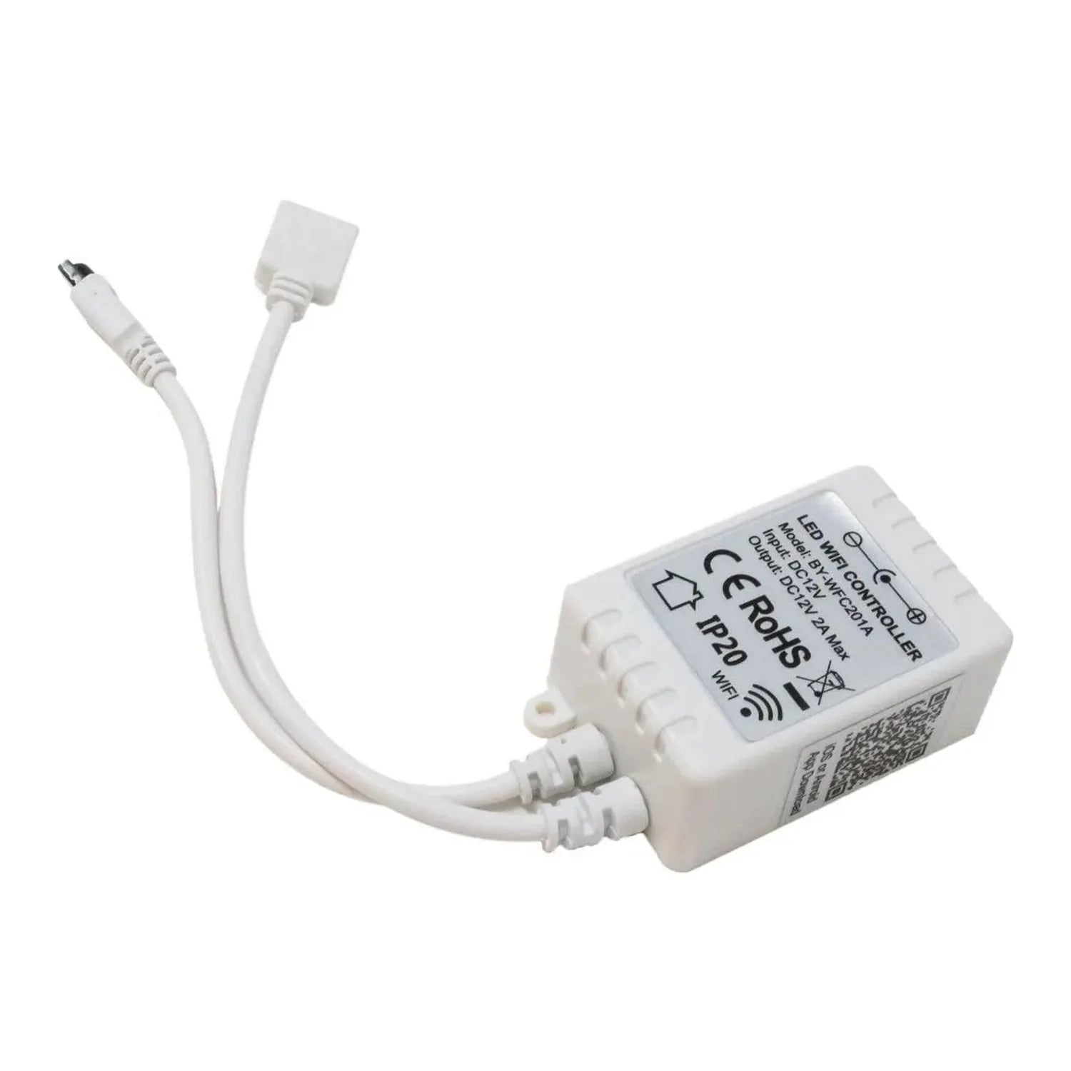 White LED strip light controller with dual cable connectors and WiFi symbol, product shot on white background.