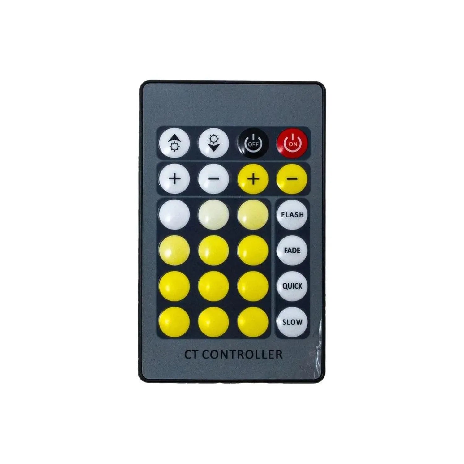 CT Controller remote with yellow color selection buttons, brightness controls, and ON/OFF power button