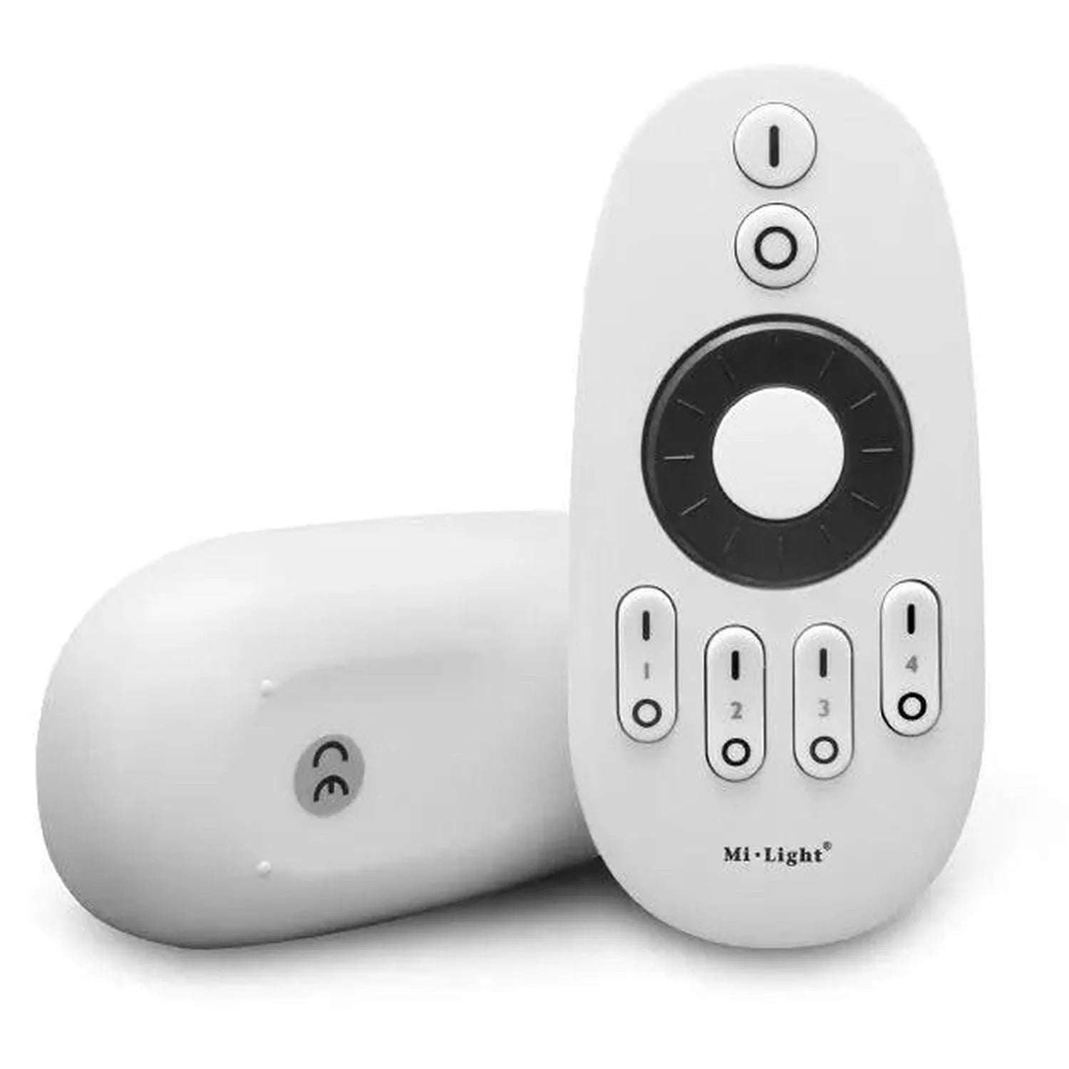 Mi-Light FUT006 remote control and wireless receiver unit, white plastic construction with dial and button controls.