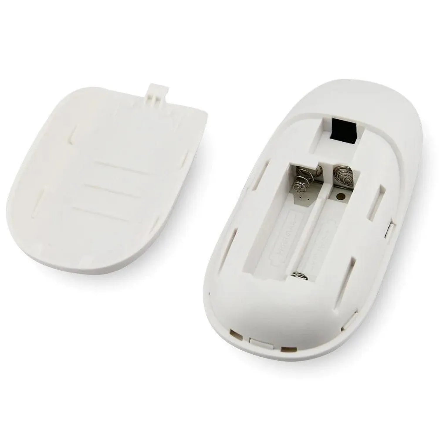 White remote control shown open and closed, displaying battery compartment with two metal contacts and internal circuitry det