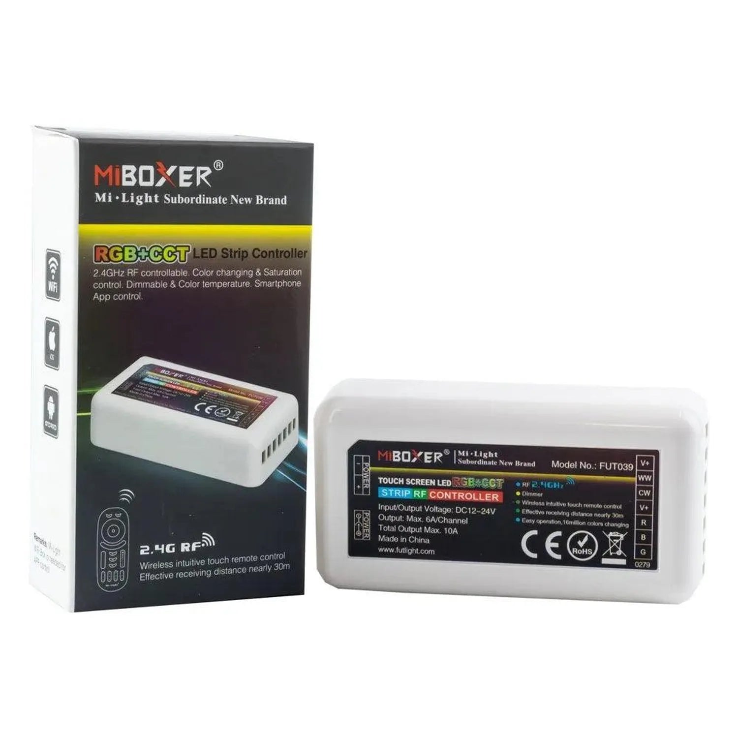Mi-Light RGB+CCT LED Strip Controller FUT039 with packaging box and 2.4GHz RF remote control device displayed.