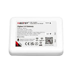 MiBoxer Zigbee 3.0 Gateway device label showing model ZB-Box1 specifications, certifications, and QR code for app installatio