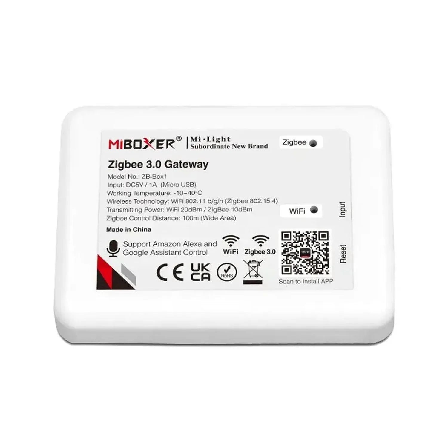 MiBoxer Zigbee 3.0 Gateway device label showing model ZB-Box1 specifications, certifications, and QR code for app installatio