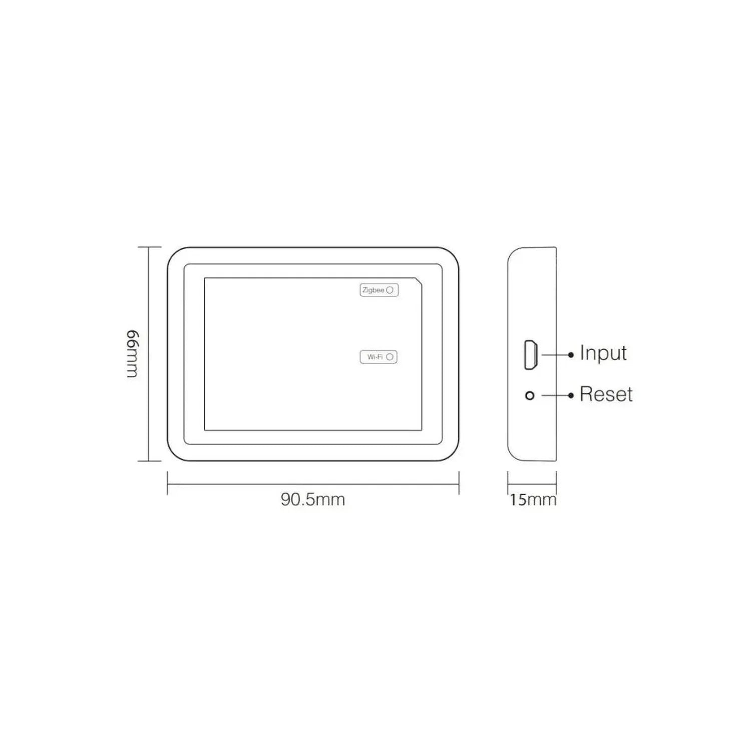 Dimension diagram of Zigbee smart gateway showing front and side views with measurements of 90.5mm width, 69mm height, and 15
