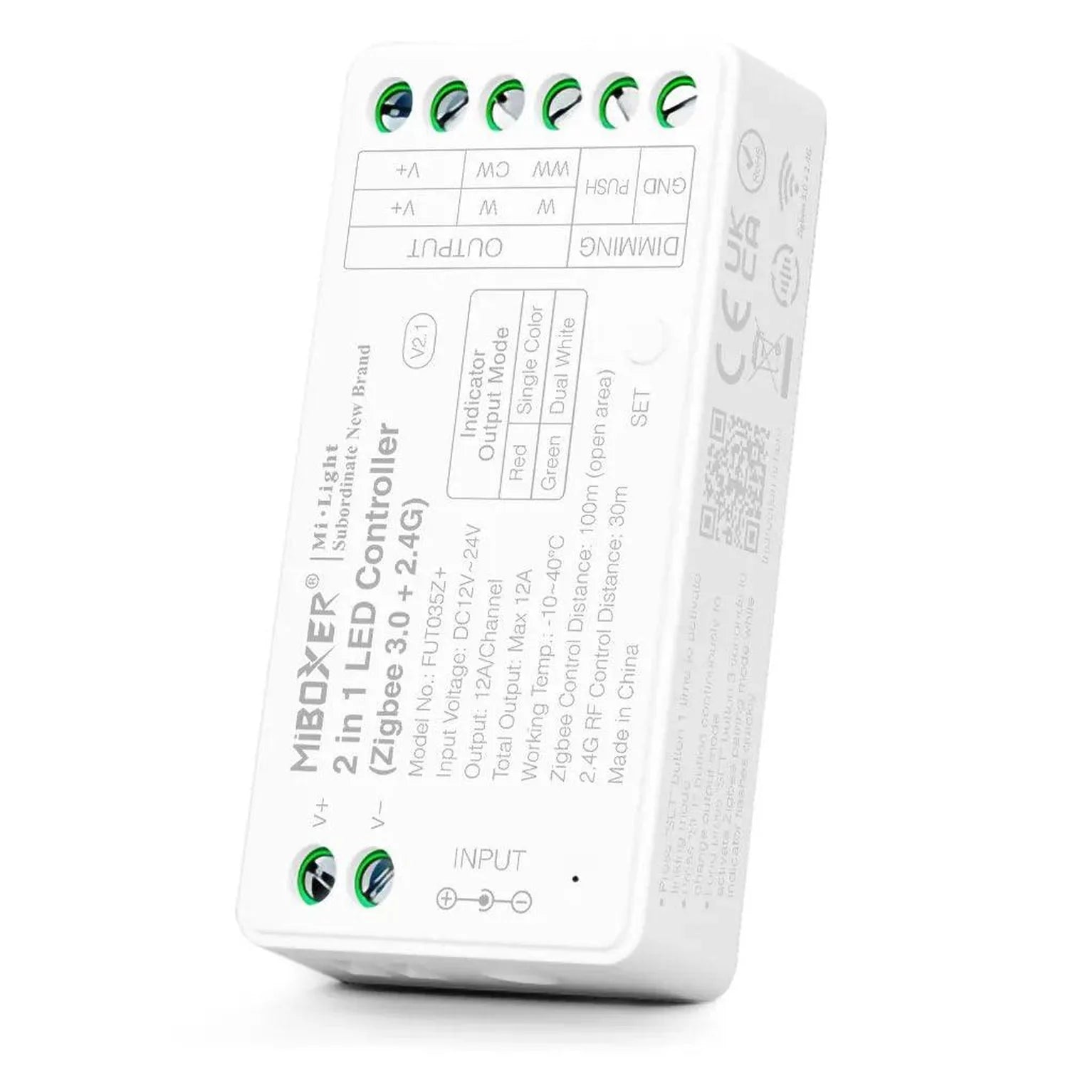 White Mi-Light Zigbee 3.0 and 2.4G LED controller device showing technical specifications, wiring diagram, and control indica