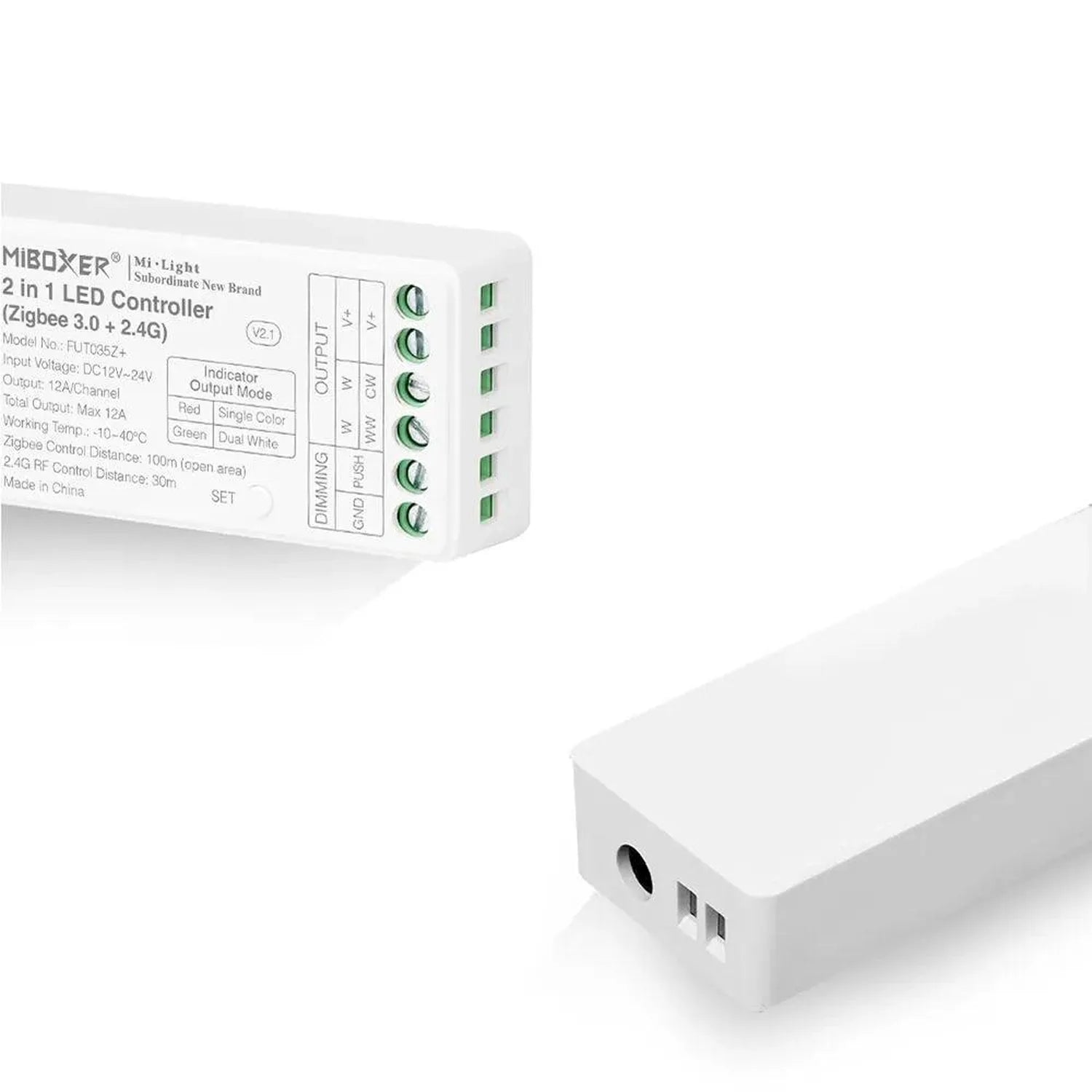 MIBOXER 2 in 1 LED Controller with Zigbee 3.0 and 2.4G wireless protocols, showing white control unit with green terminal con