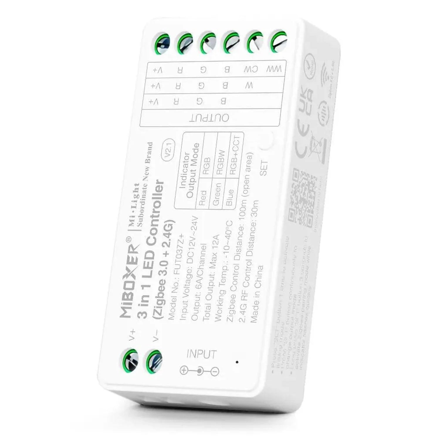 White Zigbee LED controller box showing wiring diagram, input/output terminals, and green status indicators on front and back