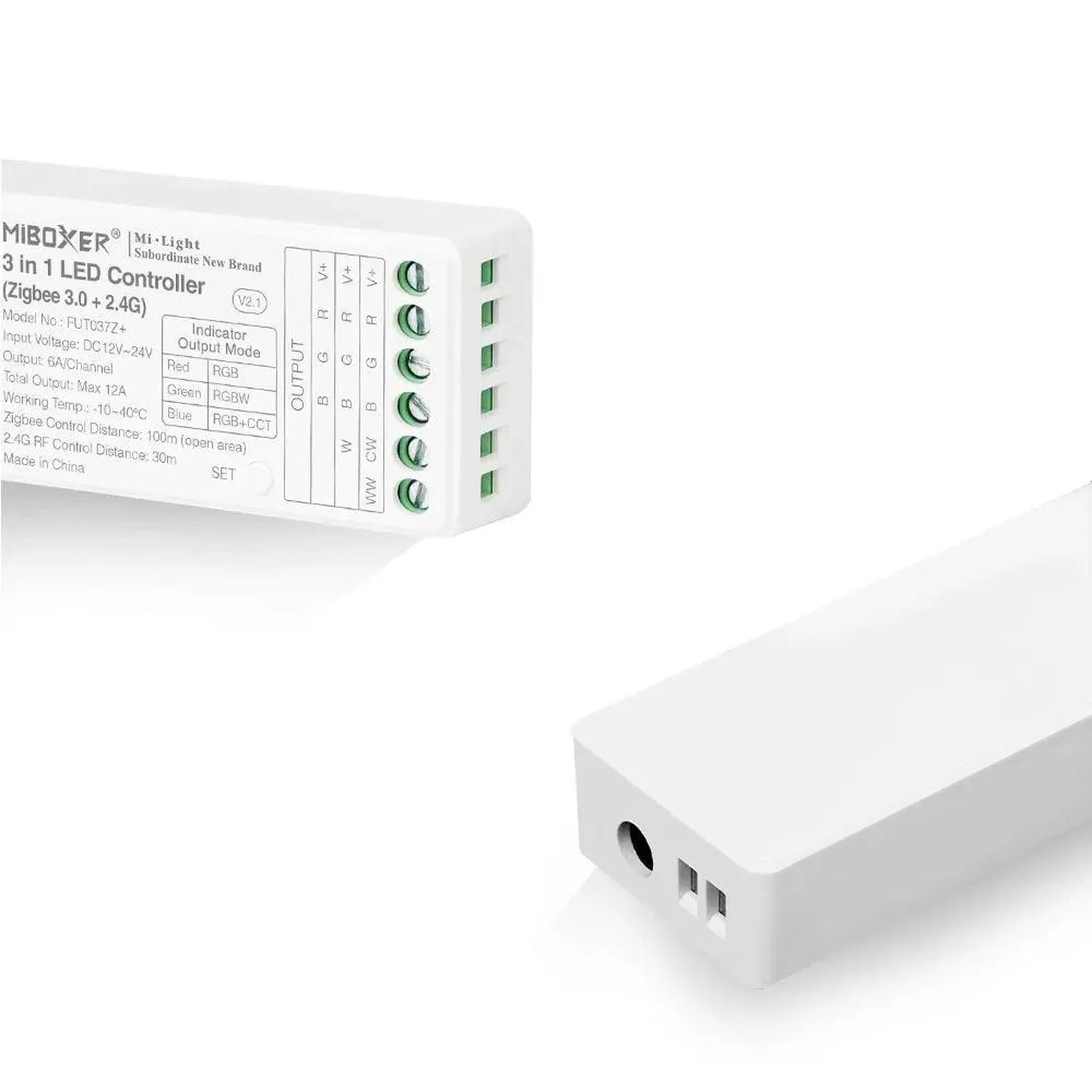 MIBOXER 3 in 1 LED Controller with green terminal connectors and white remote control unit shown on white background.