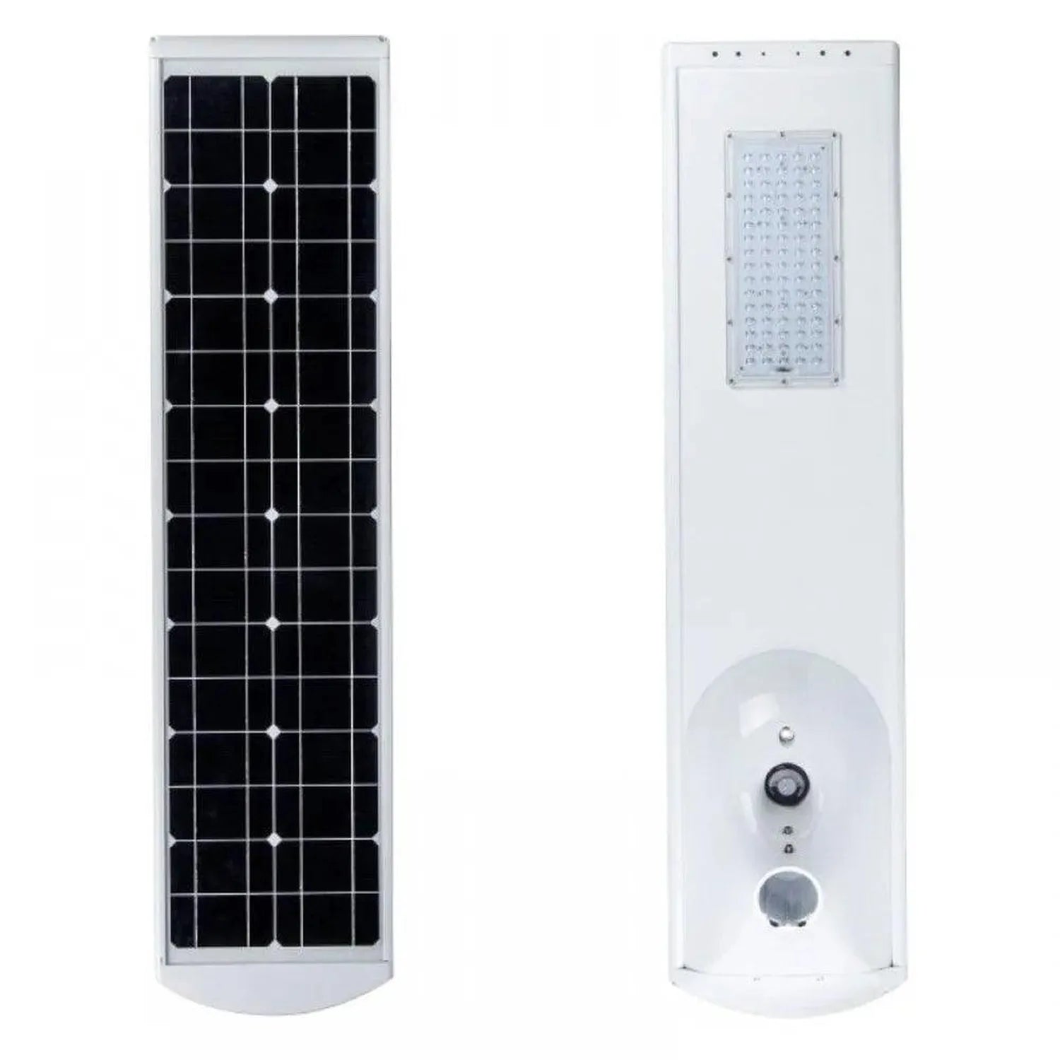 Front and back views of white cylindrical solar street light with black solar panel and LED array, motion sensor, and control