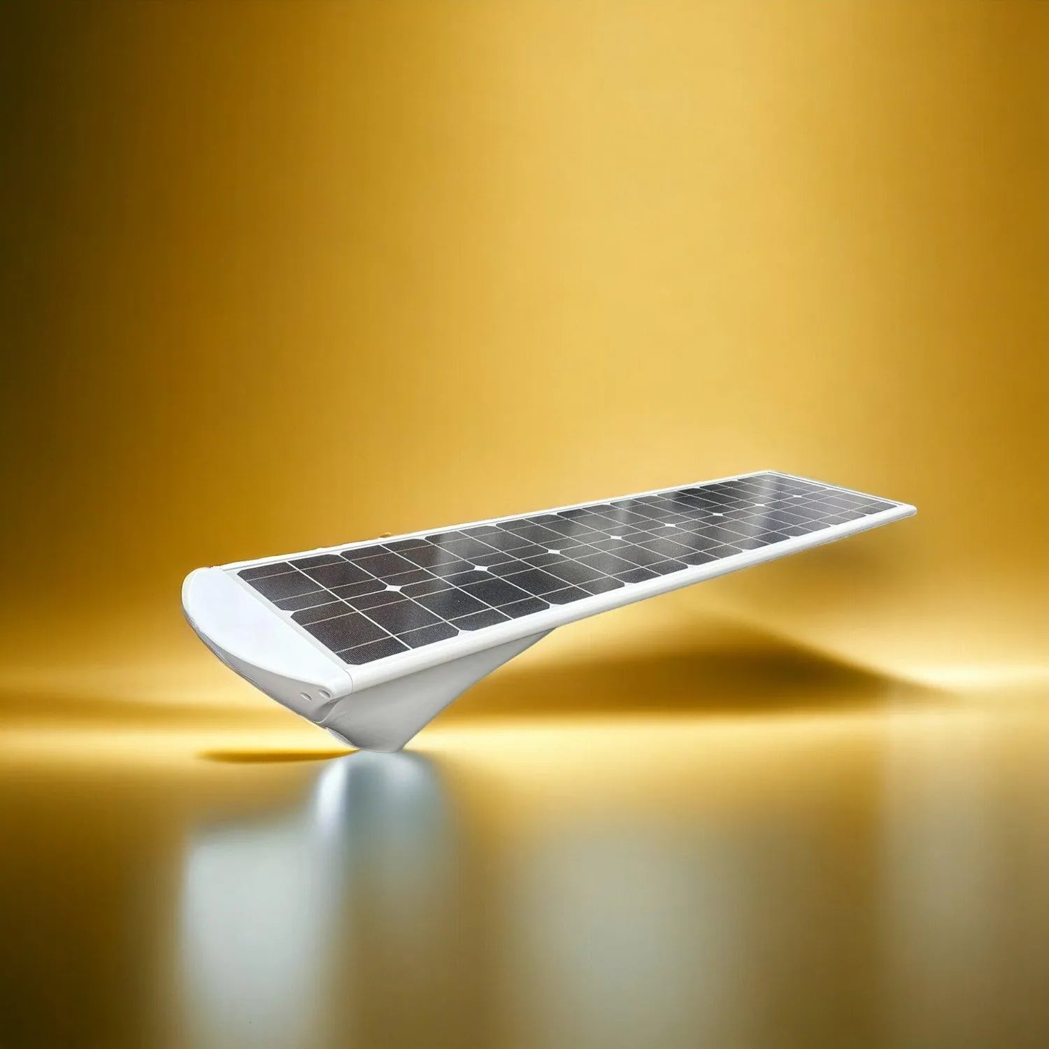 White solar panel with dark photovoltaic cells mounted on curved base, displayed against gold background.