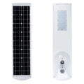 Front and back views of white cylindrical solar street light with black solar panel and LED lamp array.
