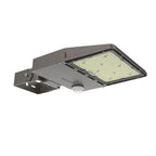Dark gray LED street light with motion sensor and numerous LEDs on rectangular panel, product shot on white background