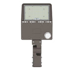 Dark gray LED street light with rectangular panel of small lights, motion sensor dial on right side, mounting bracket below, 