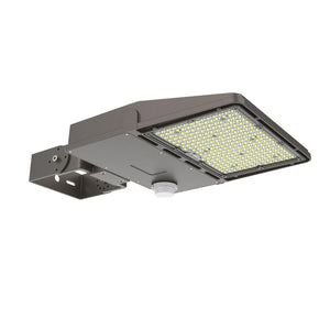 Dark gray LED street light with motion sensor and large rectangular light panel containing numerous LEDs, shown against white