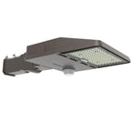 Dark gray LED street light with rectangular housing and array of white LED bulbs visible on right panel, shown against white 
