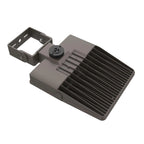 Dark gray LED street light fixture with mounting bracket and adjustable heat sink fins, product shot on white background.