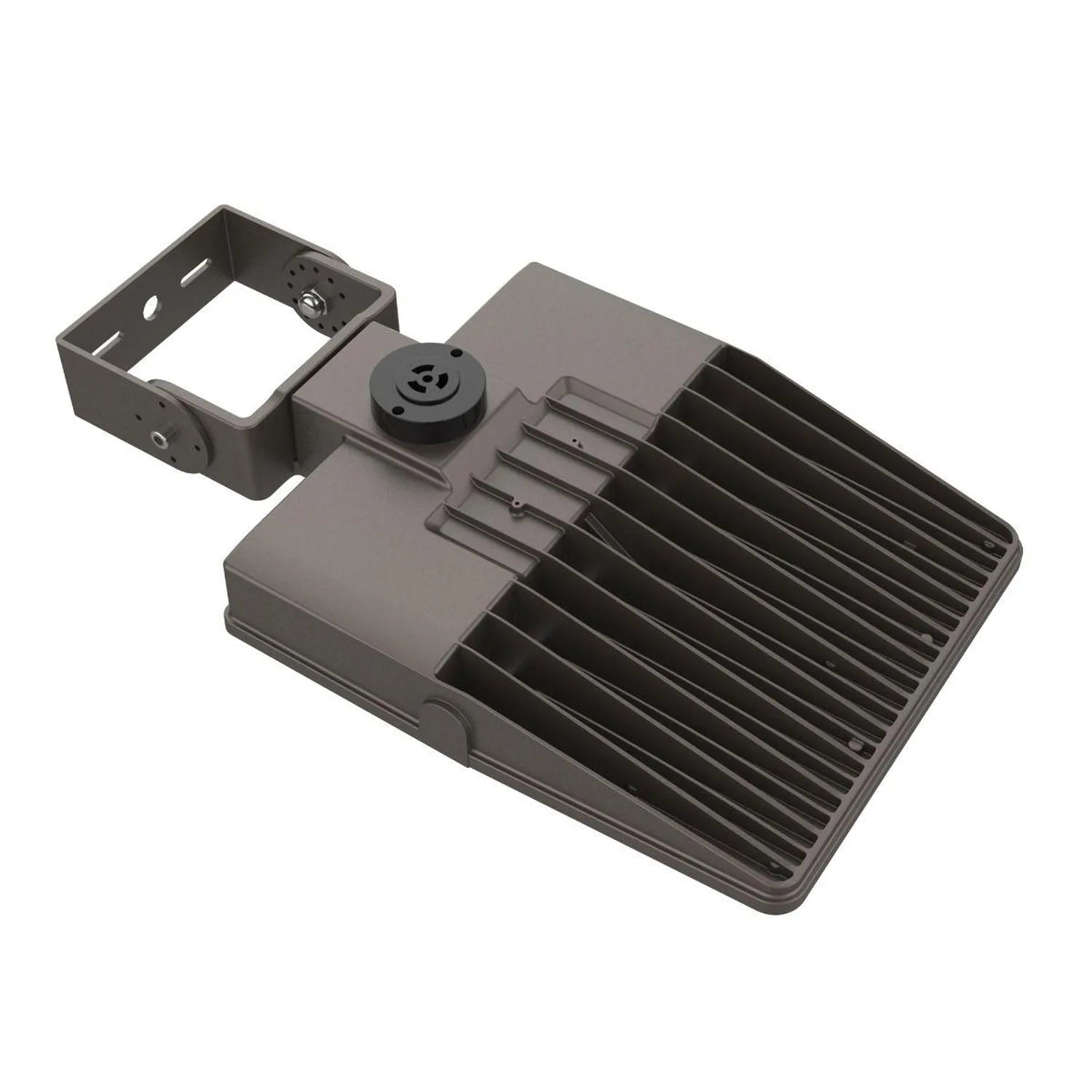 Dark gray LED street light fixture with mounting bracket and adjustable heat sink fins, product shot on white background.