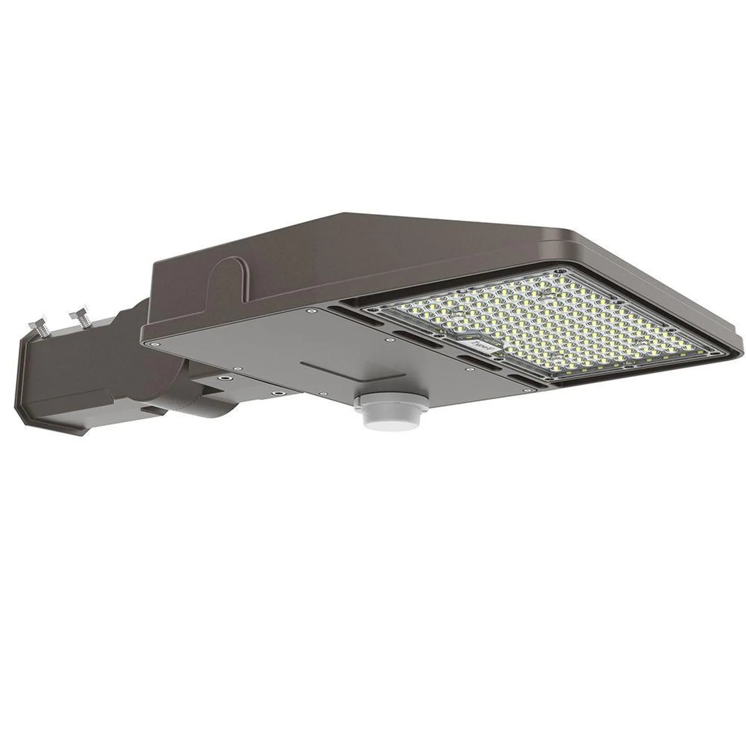 Dark gray LED street light with rectangular head containing LED panel, mounted on angled arm with motion sensor visible.