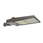 Bronze LED street light with rectangular housing and dense LED panel array, mounted on adjustable bracket against white backg