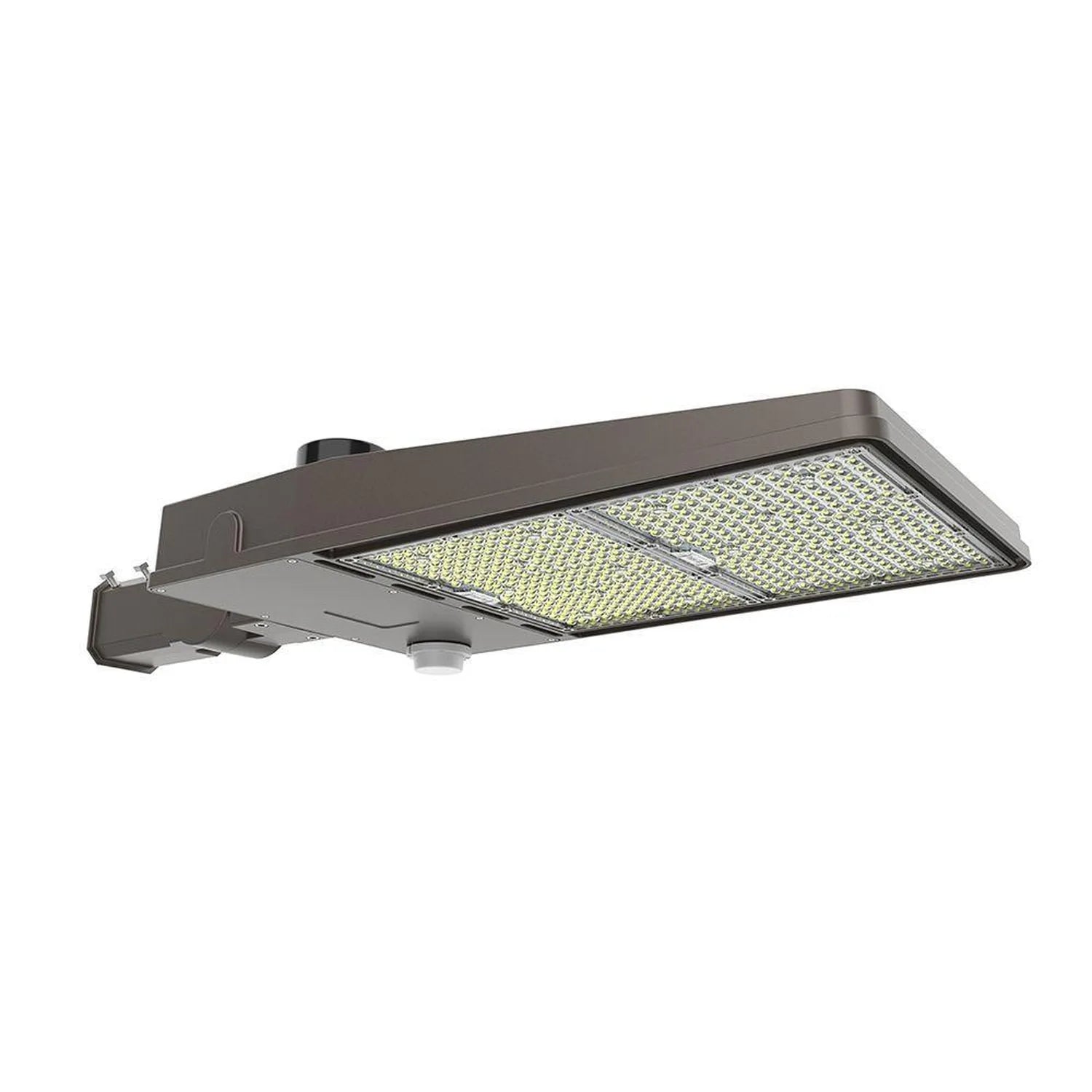 Bronze LED street light with rectangular housing and dense LED panel array, mounted on adjustable bracket against white backg