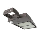Gray LED street light with dual light panels and adjustable mounting bracket, product photo on white background.