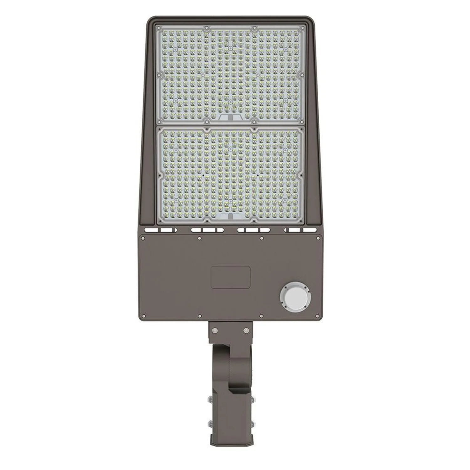 LED street light with two rectangular light panels mounted on dark housing with adjustable pole bracket, front view.