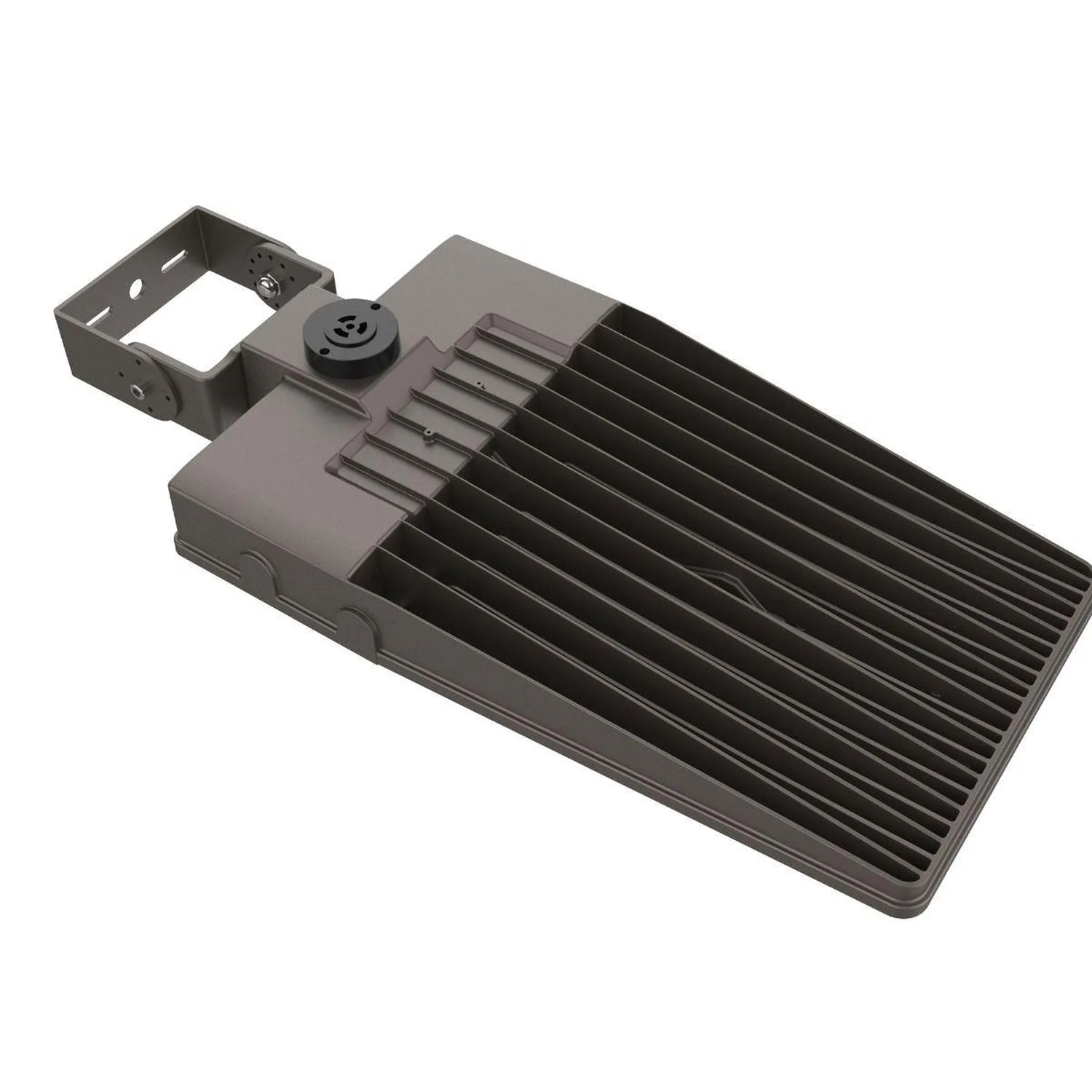 Dark gray LED street light fixture with ribbed heat sink, mounting bracket, and adjustable knob, product shot on white backgr