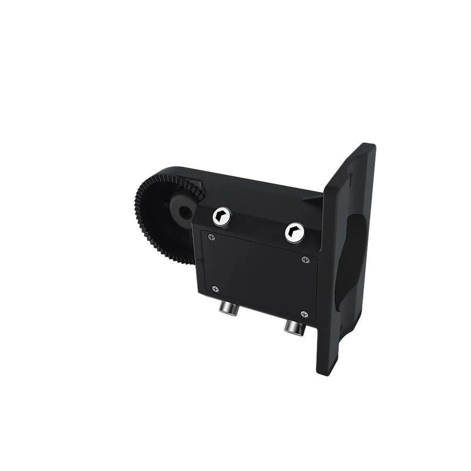 Black wall-mounted LED street light fixture with adjustable bracket and dual mounting connectors, product shot on white backg