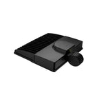 Black LED street light with ribbed heat sink, flat mounting plate, and rotatable bracket, shown against white background.
